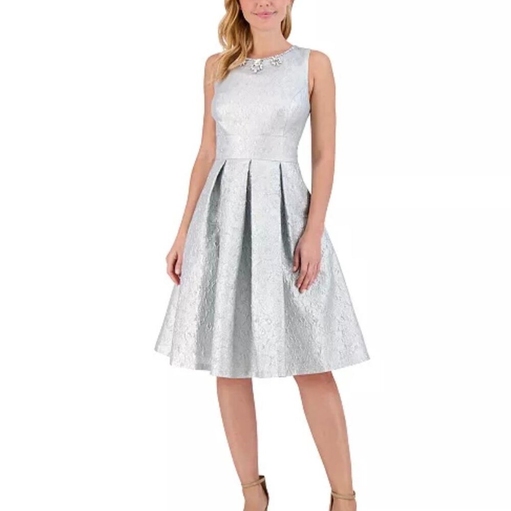 New With Tags Eliza J Women's Textured Metallic Silver Fit & Flare Dress Size 4